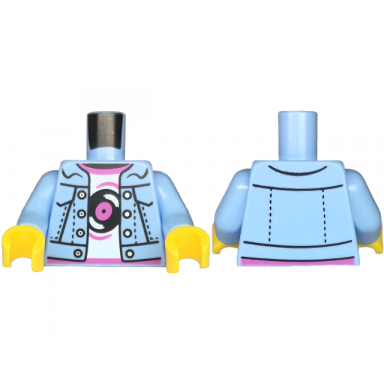 bright light blue torso denim jacket open with silver buttons over white shirt with dark pink hems and black record pattern bright light blue arms yellow hands