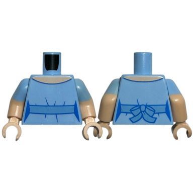 bright light blue torso female dress top with medium blue waistband with bow on back light nougat neck pattern light nougat arms with molded bright light blue short sleeves pattern light nougat hands