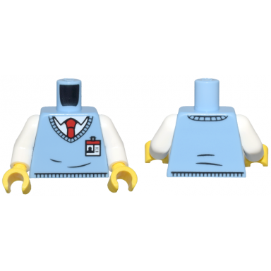 bright light blue torso sweater vest over white shirt red tie id badge pattern white arms yellow hands