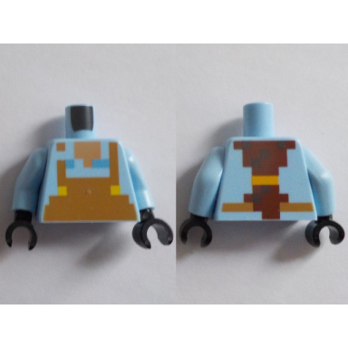 bright light blue torso pixelated medium nougat overalls medium tan neck reddish brown ponytail on back pattern bright light blue arms black hands