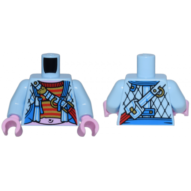 bright light blue torso open quilted jacket over red and gold striped shirt and bright pink stomach strap with pouch pattern bright light blue arms bright pink hands