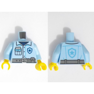 bright light blue torso police shirt with dark blue and medium blue star badge logo and pocket and dark bluish gray belt pattern bright light blue arms yellow hands