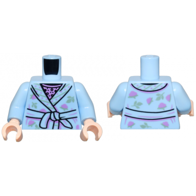 bright light blue torso dressing gown with medium lavender dots and sand green leaves and stripes over top with black flowers pattern bright light blue arms light nougat hands