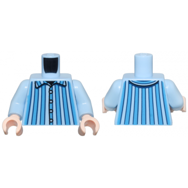 bright light blue torso pajamas with dark azure and dark blue vertical stripes and collar black buttons and neck pattern bright light blue arms light nougat hands