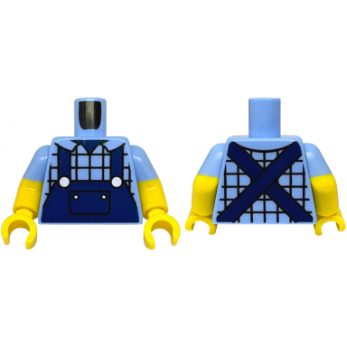 bright light blue torso plaid shirt with collar dark blue overalls with pocket and silver buttons pattern yellow arms with molded bright light blue short sleeves pattern yellow hands