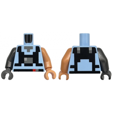 bright light blue torso pixelated dark bluish gray neck black straps and belt with red and dark bluish gray squares pattern nougat arm left pearl dark gray arm right nougat hand left pearl dark gray hand right