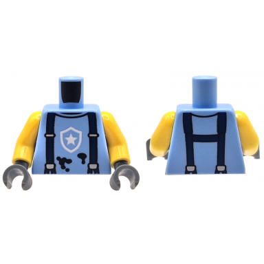 bright light blue torso police sleeveless shirt with white star badge logo dark blue suspenders and black splotches pattern yellow arms dark bluish gray hands