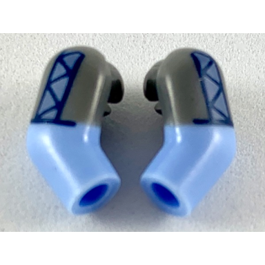 bright light blue arm matching left and right pair with dark bluish gray short sleeves with sand blue panel pattern
