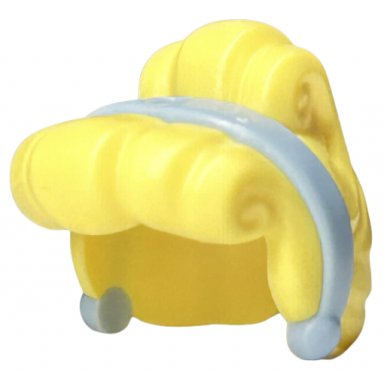 bright light yellow minifigure hair female curled fringe and bun hole on top with molded bright light blue band and earrings pattern