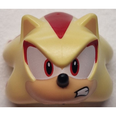 bright light yellow minifigure head modified hedgehog shadow with molded medium tan face and inner ears and printed red streaks eyes on white background black nose and open mouth scowl pattern
