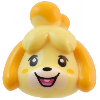 minifigure head modified dog shih tzu with molded bright light orange ears and top knot and printed black eyes and dark pink and bright pink mouth pattern