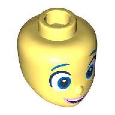 bright light yellow mini doll head friends with blue eyebrows large white eyes with dark blue outline bright pink lips and open mouth smile with top teeth pattern