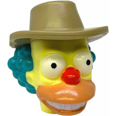 bright light yellow minifigure head modified simpsons farmer krusty with molded dark turquoise hair and dark tan hat and printed eyes red nose and nougat open mouth pattern