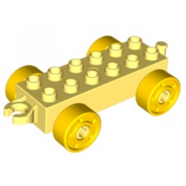 bright light yellow duplo car base 2 x 6 with open hitch end and yellow wheels with fake bolts