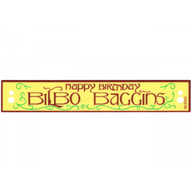 bright light yellow cloth banner flag rectangle with dark red stylized happy birthday bilbo baggins and bright green filigree pattern