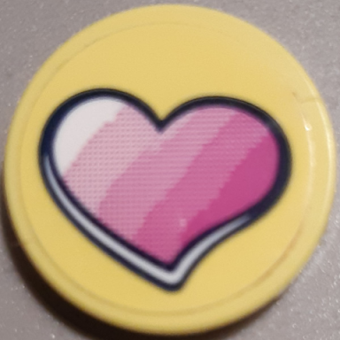 bright light yellow tile round 2 x 2 with bottom stud holder with striped pink heart pattern sticker - set 41343