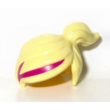 bright light yellow minifigure hair female ponytail off-center with magenta stripe pattern