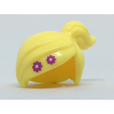 bright light yellow minifigure hair female ponytail off-center with 2 magenta flowers pattern