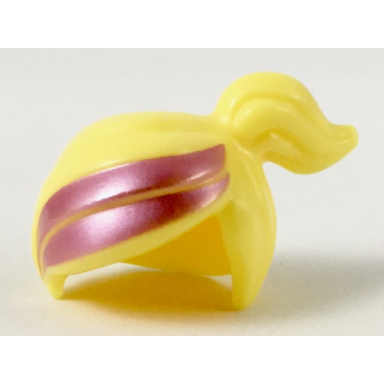 bright light yellow minifigure hair female ponytail off-center with metallic pink stripes pattern