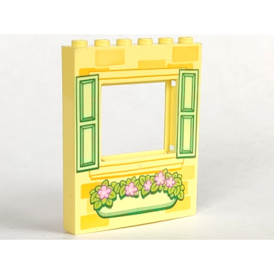 bright light yellow panel 1 x 6 x 6 with window with yellowish green shutters and flower box pattern