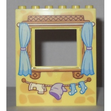 bright light yellow panel 1 x 6 x 6 with window with curtains and clothes line with laundry pattern