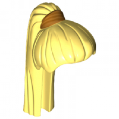 bright light yellow minifigure hair female ponytail long straight with hair tie with gold pattern