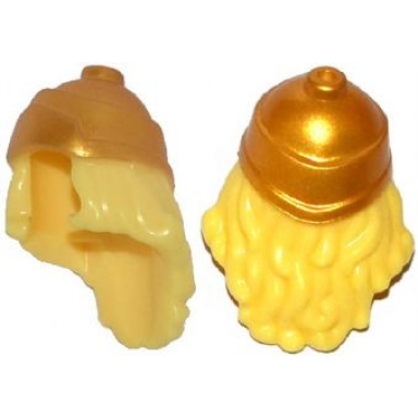 bright light yellow minifigure hair long wavy with gold greek soldier helmet pattern