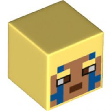 bright light yellow minifigure head modified cube with pixelated nougat face blue stripes and reddish brown eyes and mouth pattern minecraft explorer