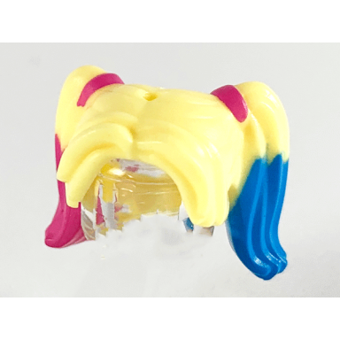 bright light yellow minifigure hair female pigtails high long bangs hole on top with dark pink hair ties and dark azure and dark pink tips pattern