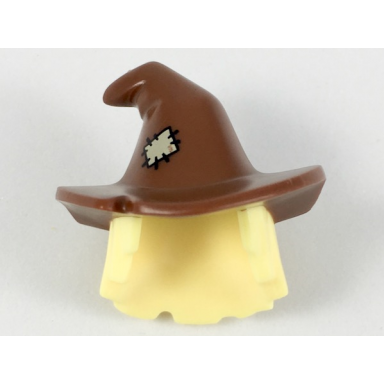 bright light yellow minifigure hair combo hair with hat mid-length scraggly with molded reddish brown floppy witch hat and printed tan patch pattern