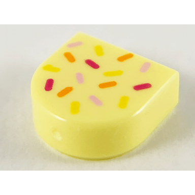 bright light yellow tile round 1 x 1 half circle extended with bright pink magenta orange and yellow sprinkles pattern
