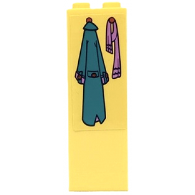 bright light yellow brick 1 x 2 x 5 with hanging dark turquoise coat and medium lavender scarf pattern sticker - set 41683