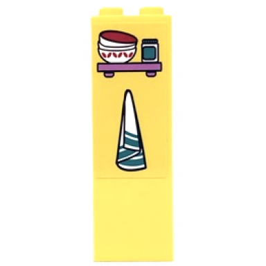 bright light yellow brick 1 x 2 x 5 with medium lavender shelf with red and white bowls jar and hanging towel pattern sticker - set 41683