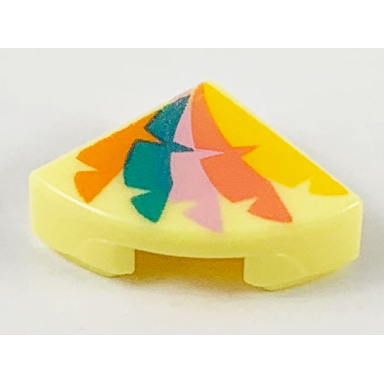 bright light yellow tile round 1 x 1 quarter with orange dark turquoise bright pink coral and bright light orange feathers pattern