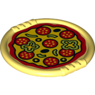 bright light yellow duplo utensil disk with pizza with salami peppers and olives pattern