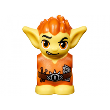 bright light yellow body head goblin with pointed ears bright light orange spiked hair and tunic with utility belt with goblin eye buckle drumsticks and music pattern