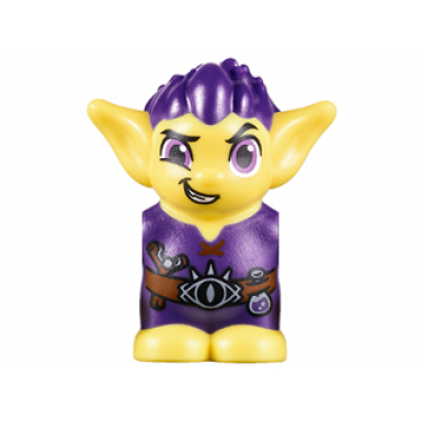 bright light yellow body head goblin with pointed ears and dark purple spiked hair and tunic with utility belt with goblin eye buckle slingshot and flask pattern