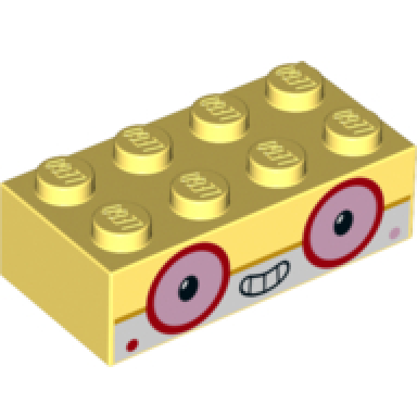 bright light yellow brick 2 x 4 with bright light orange middle line white lower half round pink eyes with red outline smile showing teeth and dots on cheeks pattern