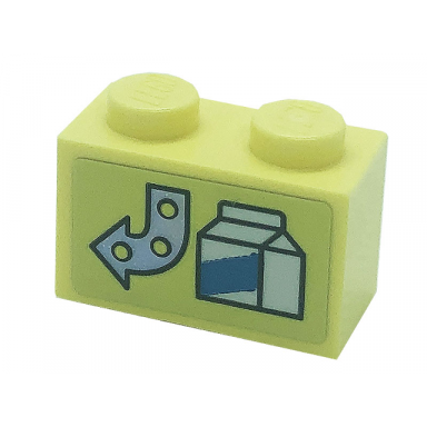 bright light yellow brick 1 x 2 with arrow and drink carton pattern sticker - set 41366