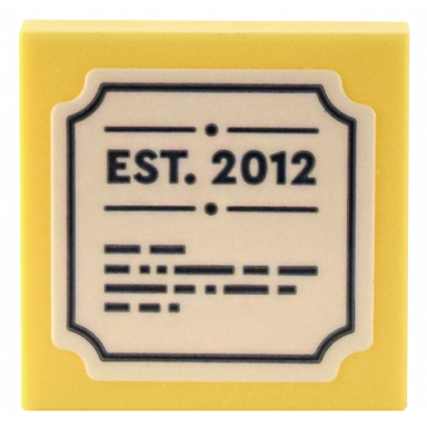bright light yellow tile 2 x 2 with white sign with cut corners dark blue est 2012 and text pattern sticker - set 41732