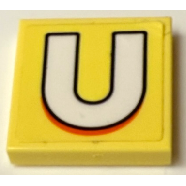 bright light yellow tile 2 x 2 with white capital letter u with black outline and orange shadow pattern sticker - set 21339