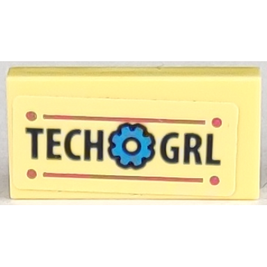 bright light yellow tile 1 x 2 with tech grl and dark azure cog pattern sticker - set 41333