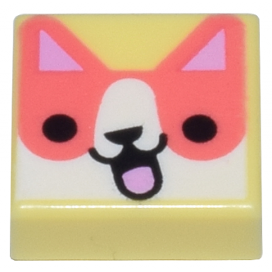bright light yellow tile 1 x 1 with coral and white dog head with bright pink ears black nose and open mouth with tongue pattern