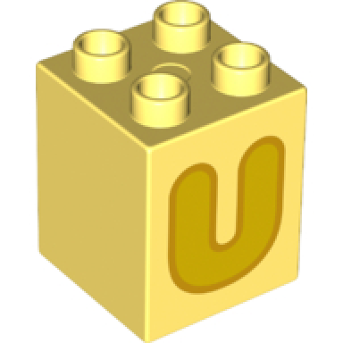 bright light yellow duplo brick 2 x 2 x 2 with yellow capital letter u with bright light orange outline pattern