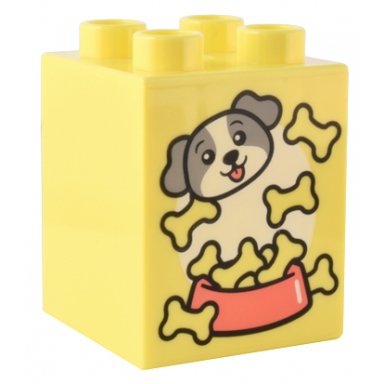 bright light yellow duplo brick 2 x 2 x 2 with light bluish gray and white puppy face coral food bowl and bones pattern