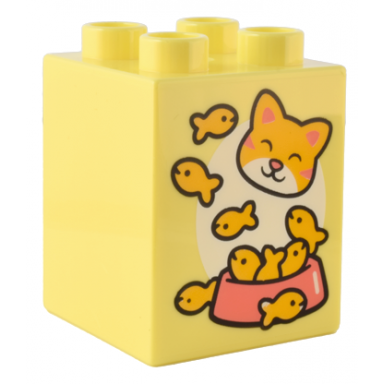 bright light yellow duplo brick 2 x 2 x 2 with bright light orange coral and white kitten face food bowl and goldfish pattern