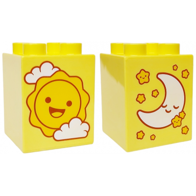 bright light yellow duplo brick 2 x 2 x 2 with yellow sun and white clouds moon and stars pattern