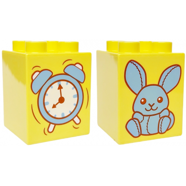 bright light yellow duplo brick 2 x 2 x 2 with bright light blue alarm clock bunny rabbit pattern