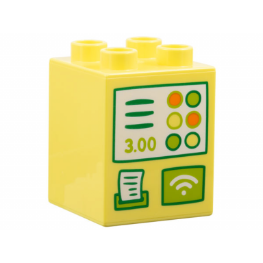 bright light yellow duplo brick 2 x 2 x 2 with cash register buttons receipt 3.00 and contactless payment pattern