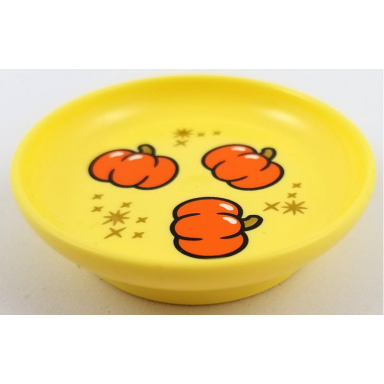 bright light yellow duplo utensil dish 3 x 3 with orange pumpkins and gold stars pattern